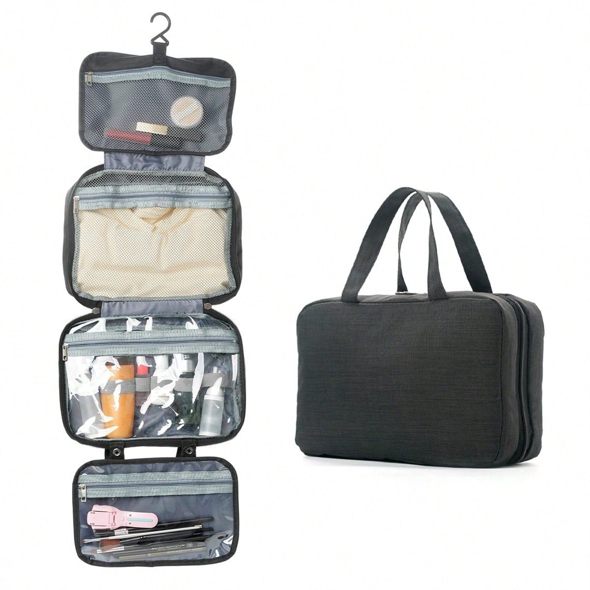 Toiletry bag - Portable hanging toiletry bag - foldable travel toiletry bag - large foldable travel bag - travel makeup bag - storage bag - with 4 compartments - waterproof toiletry bag - unisex - for vacation, shower, camping and travel - 27*18*8 cm - bl