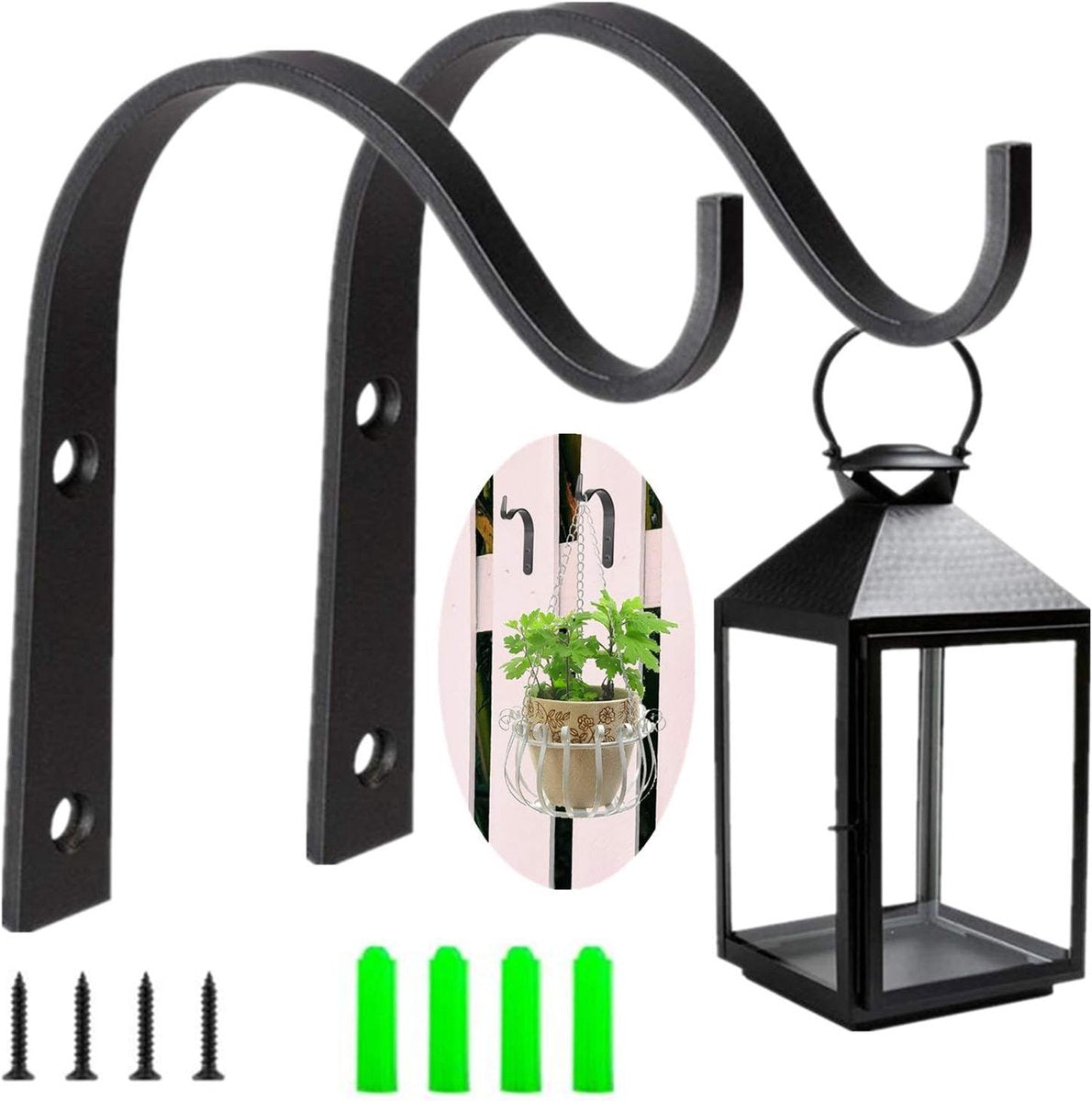 2-Piece Plant Wall Rack - Wall Hook Hanging Basket - Flowerpot Hook - Plant Hook - Iron Wall Rack - Wall Decoration - Metal Plant Hook - For Vase, Bird Feeder, Plant - Lantern Hook - Wall Hook For Plants - Garden Hook - Black