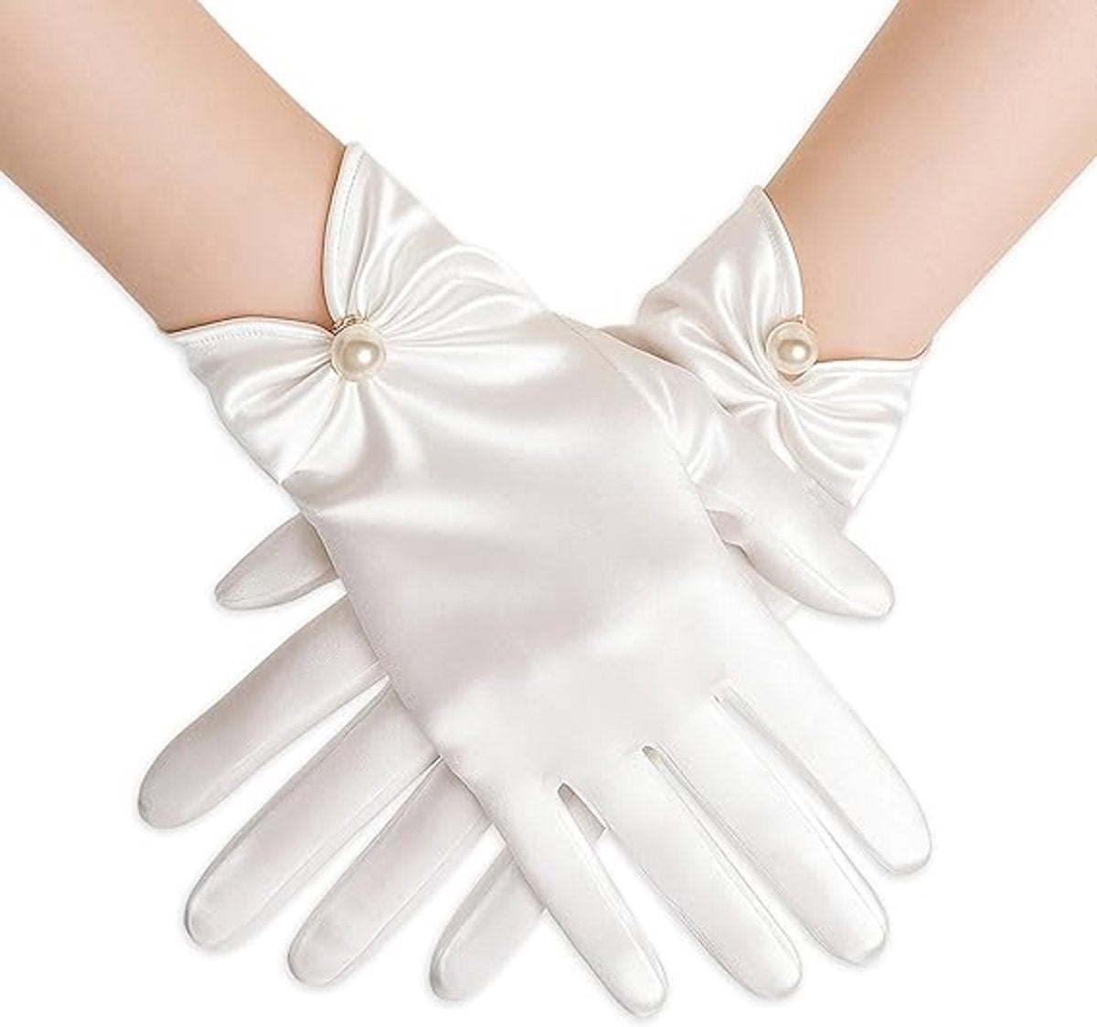 Gloves - Short satin gloves - Pearl glove - Wedding gloves - Satin tea party glove for ladies - Opera gloves - for tea party, tuxedo, dancing, wedding - 22*8 cm - white
