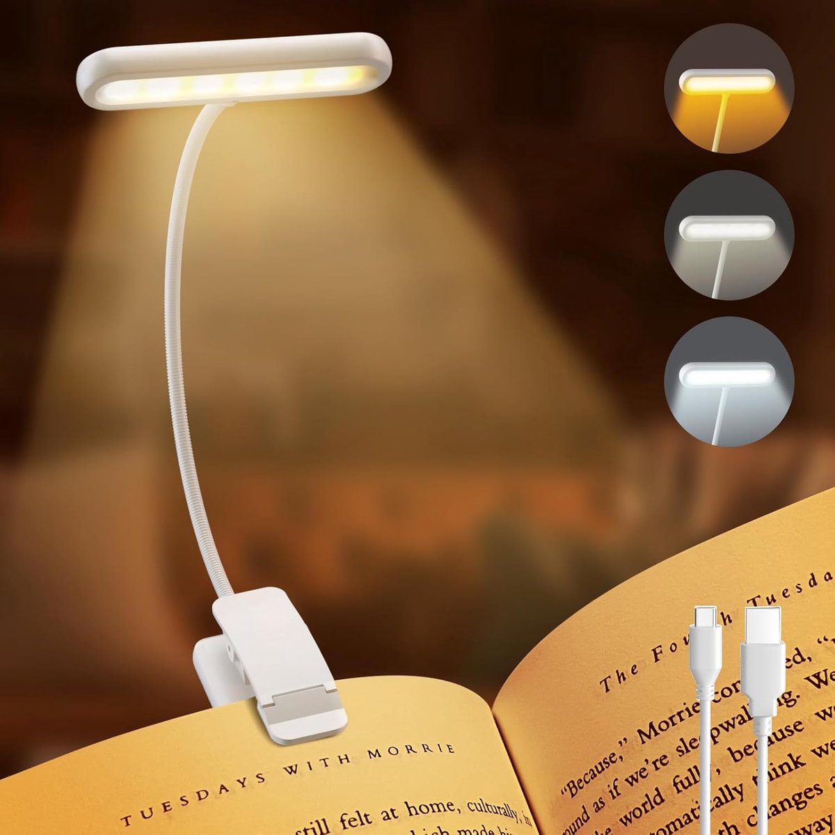 Rechargeable Reading Lamp with Type-C Cable - LED Reading Light for Book with Clip - 24 LED - Reading Lamp Clip [3 Light Modes] - Dimmable - Mini Flexible Night Light - 315° Rotatable Reading Lamp - With Gooseneck and Clip for Children - White