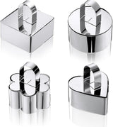 4 pieces - stainless steel - dessert rings - cake rings - with handle - molds - for baking and cooking cakes, mousses, and desserts - 8*3.8 cm - silver - square, round, heart shape, flower shape