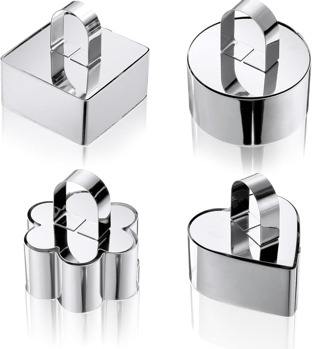 4 pieces - stainless steel - dessert rings - cake rings - with handle - molds - for baking and cooking cakes, mousses, and desserts - 8*3.8 cm - silver - square, round, heart shape, flower shape