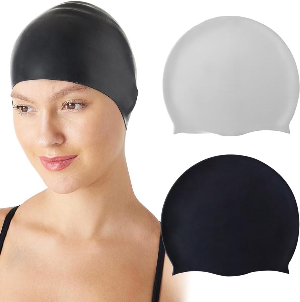 2 pieces - swimming cap - 23*20 cm - silicone swimming caps - hearing protection - waterproof swimming hat - keep dry for long and short hair - unisex swimming caps - for adults, children and juniors - black and white