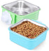 2 pieces - Hanging pet cage feeder - Pet feeder - 2-in-1 water bowl - adjustable - removable - double stainless steel design - for dog, puppy, cat, rabbit, guinea pig, hedgehog, bird - green and blue