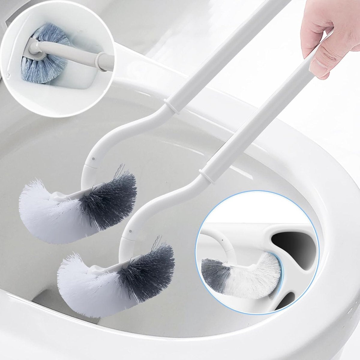 Toilet brush - 2 pieces - Toilet brush - Curved toilet brush - Toilet brush - With handle - Long handle - Universal - for deep cleaning, long plastic handle and flexible bristles - White