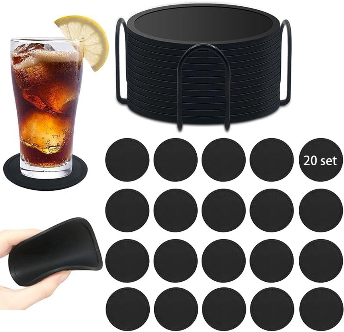 Silicone Coasters with Holder - Set of 20 - Coasters for Glasses - Coaster Set - Non-Slip Black Round Coasters - Insulated Coasters - Absorbent and Heat Resistant - for Bars, Cups, Glasses, Gifts, Table Decorations, Vases
