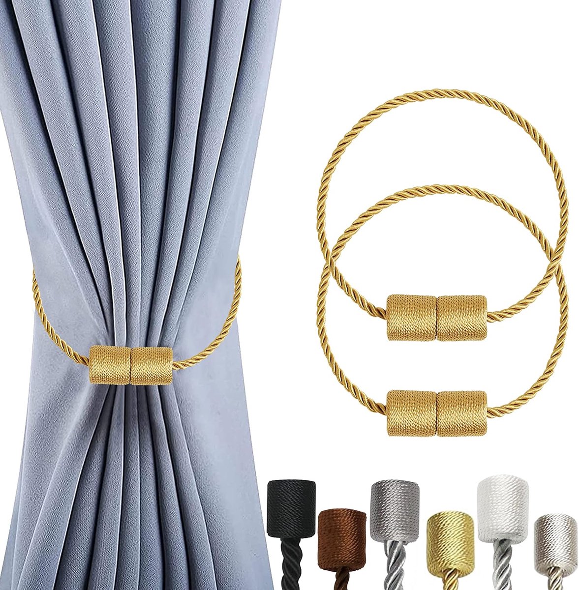 2 Pieces Magnetic Curtain Ties - Curtain Tieback Hook - Curtain Fasteners - Curtain Tieback - Magnetic Curtain Cord - Curtain Ties - Curtain Holders - Thickened Steel Cable - Gold