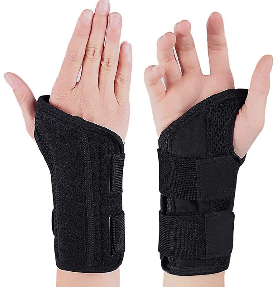 Adjustable wrist brace with cushioned support and finger flexibility.