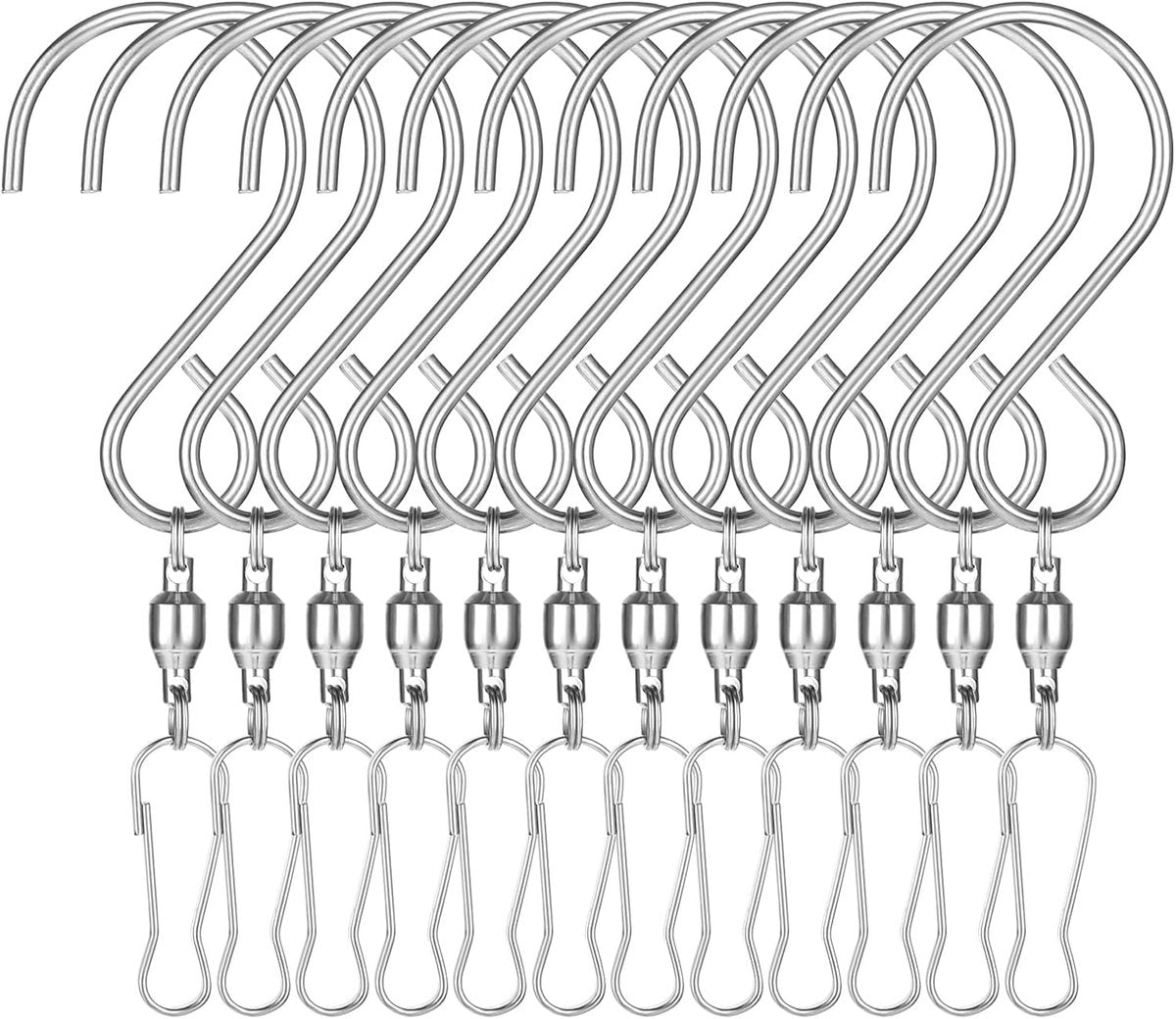 Set of 12 wind swivel hooks - Suitable for 360-degree hanging plants - Double 360-degree rotatability - Wind chimes, light clips - Bird feeders - Bird baskets - Bird baths - Hanging plant clips