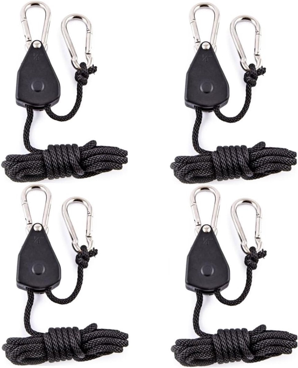 4 pieces - 2m - heavy duty rope hanger - hanger rope - adjustable - plant hanging rope - lamp hanging rope - tent canopy rope stopper buckle - tent guy lines - with pulley - outdoor accessories - for camping and hiking outdoors - black