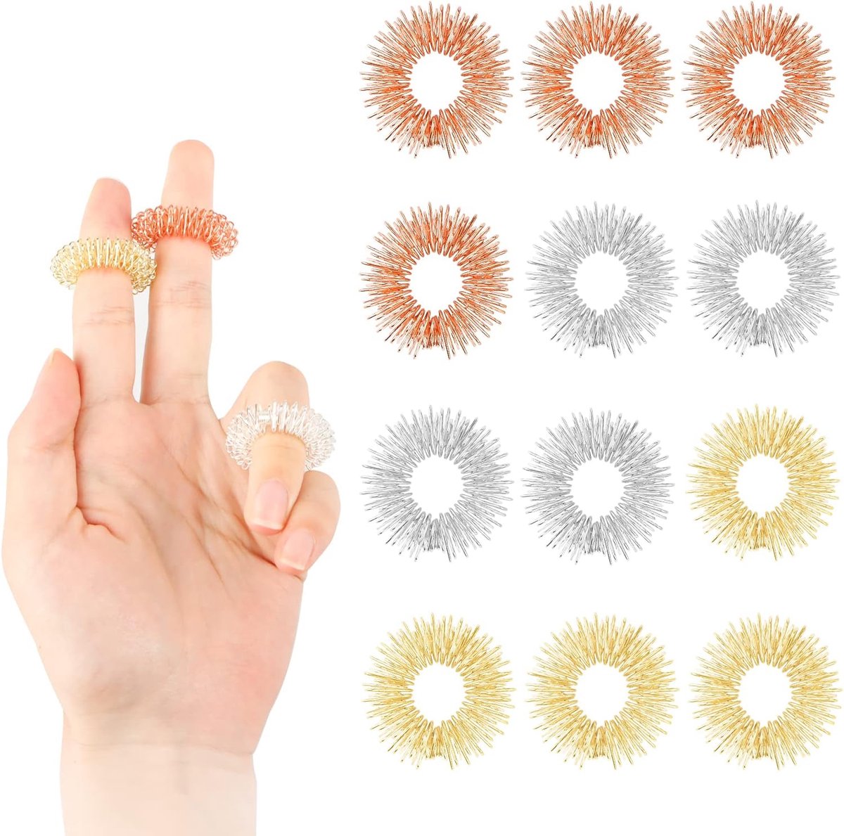 12 Finger Massage Rings - Finger Massage Rings - Acupressure Rings - Acupressure Rings - Finger Splints - Finger Massage Rings - For teenagers, adults - Relieves anxiety, relaxation - Massage improves blood circulation - One size