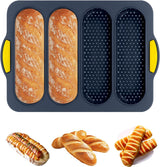 Silicone bread pan - with 4 cavities - non-stick coating - for sourdough bread and heat-resistant baguette pan - bread pans - for homemade bread - silicone baking molds - for hoagie rolls, sandwiches and hot dog buns - 34*24*2.5 cm - grey