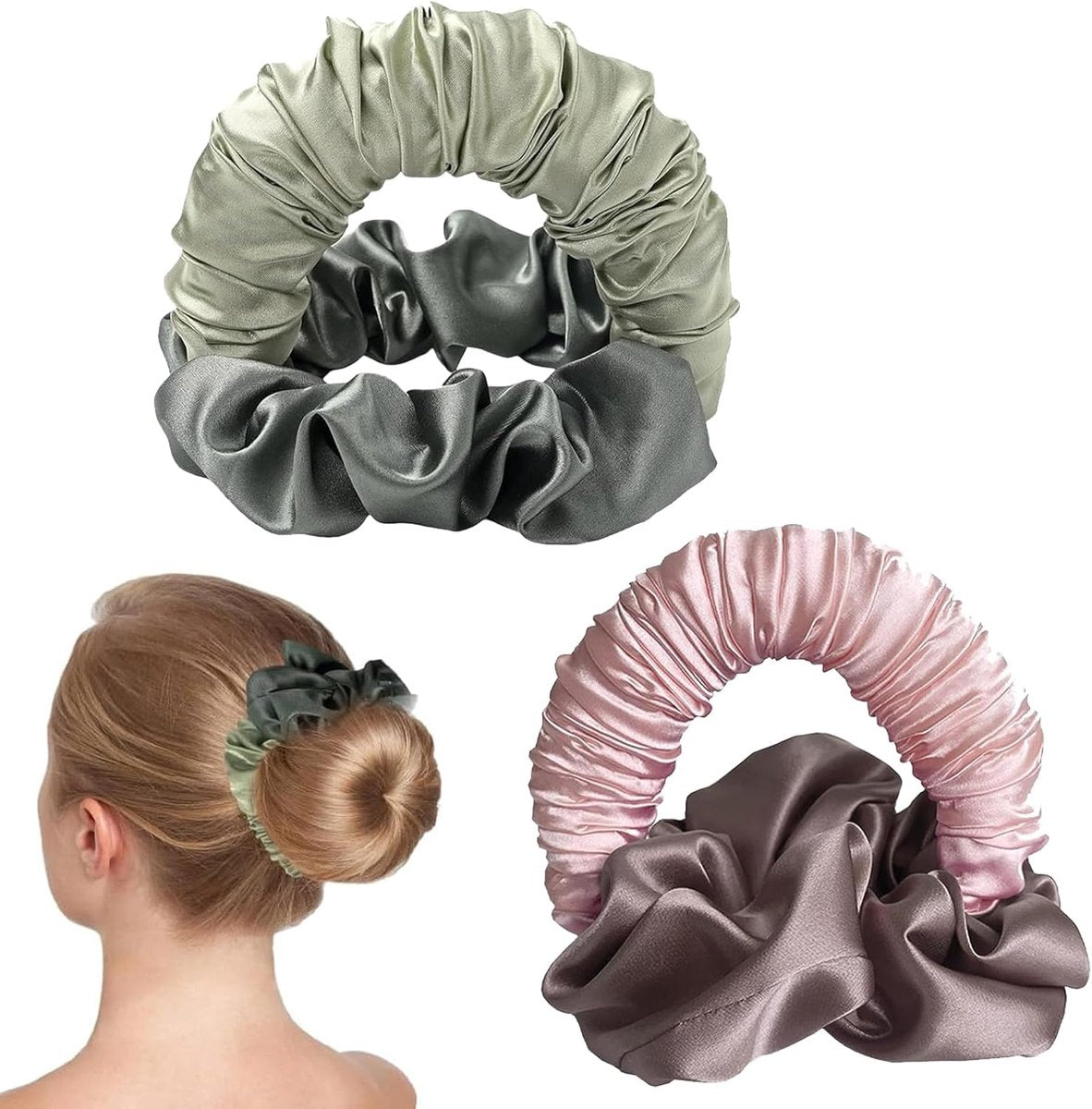 2 pieces - Heatless Curls - Hair curler - hair rollers - Heatless curlers - soft sleep curl scrunchie - for long, medium-length hair - heatless hair curler - satin night curler - lazy scrunchie - hair styling tools - pink and green