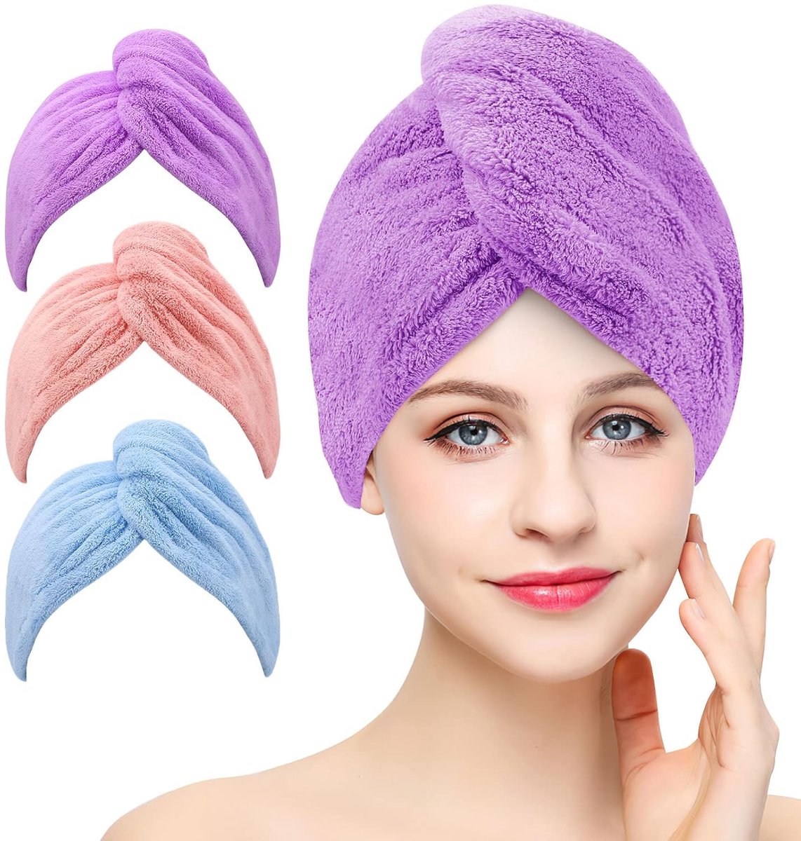 Piece Hair Towel - Microfiber Hair Towel - Hair Towel - Head Towel - Quick-Drying Towel - for Women, Men, Children, Quick-Drying Wrap for Curly - Long Hair - Anti-Frizz - Hair Towel - Purple, Pink, Blue