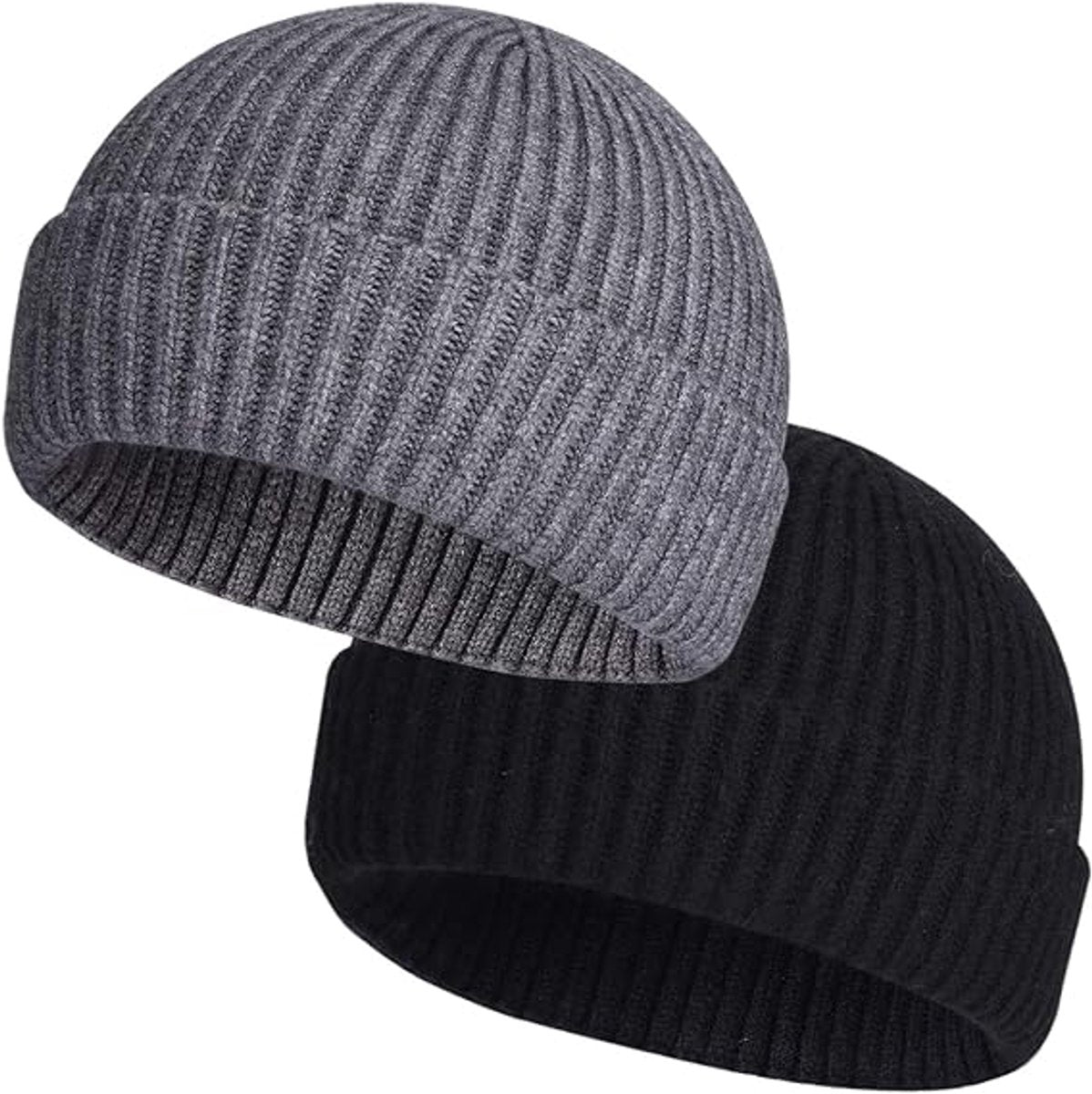 2 Pieces - hat - men's hat - Beanie - women's hat - men's beanie - Winter hat - knitted hat - Warm Hats - Cycling hat - Knitted ski hats - Running hats - Ultrawarm - Unisex - short knitted autumn winter warm hat - Grey, Black