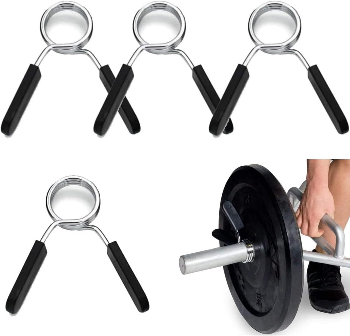 4 pieces - Barbell Clamp - 2.5 cm - Spring Barbell Clamp - Dumbbell Clip - Spring Clips for Weights - Barbell Bars - Clamp Ring - Spring Clips - Locking Clip Ring Bodybuilding - for Weightlifting, Training Barbell, Bars, Plates, Gym - Black