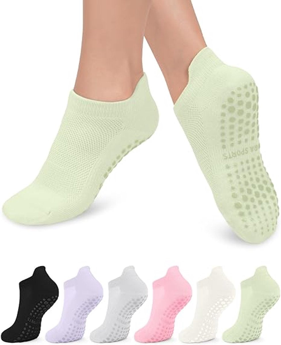 Anti-slip socks - women's socks 6 Pairs - Pilates sports socks - Yoga ankle socks - to prevent falls - Yoga sports socks - One size - for martial arts, fitness, dance, barre, gymnastics - House socks for women and men - Grip socks - 6 colors
