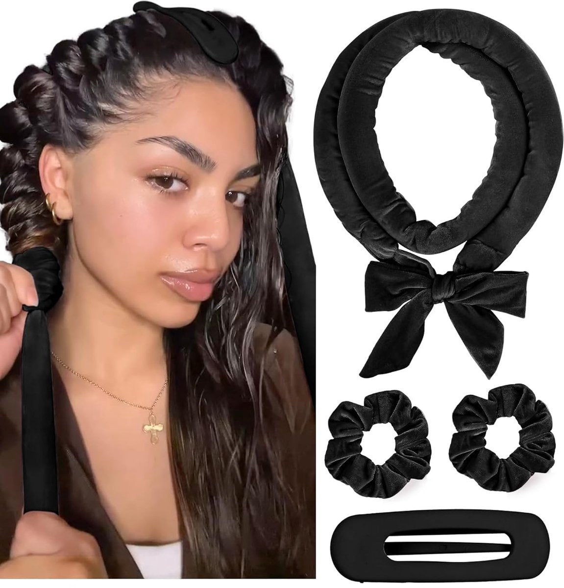 Heatless Curls - 4-piece set - Hair Rollers - Heatless Curls with Hair Scrunchies and Clip - Heatless Curls - Curlers - Hair Curler - Black