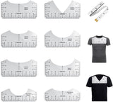 8 pieces - T-shirt ruler guide - with 1 soft measuring tape - T-shirt alignment tool - T-shirt alignment rulers - T-shirt rulers - for round neck and V-neck - sewing tools - white