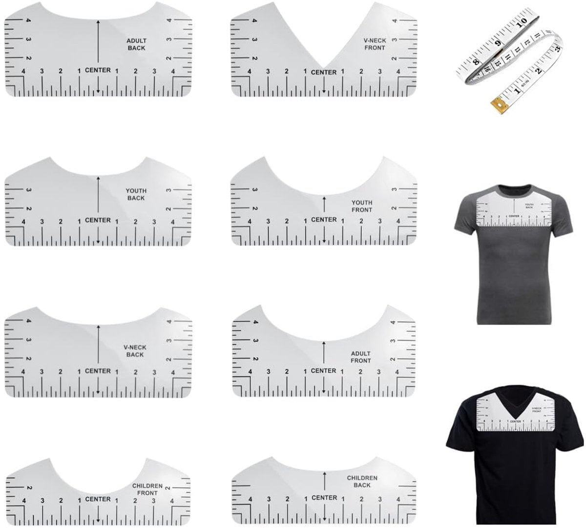 8 pieces - T-shirt ruler guide - with 1 soft measuring tape - T-shirt alignment tool - T-shirt alignment rulers - T-shirt rulers - for round neck and V-neck - sewing tools - white