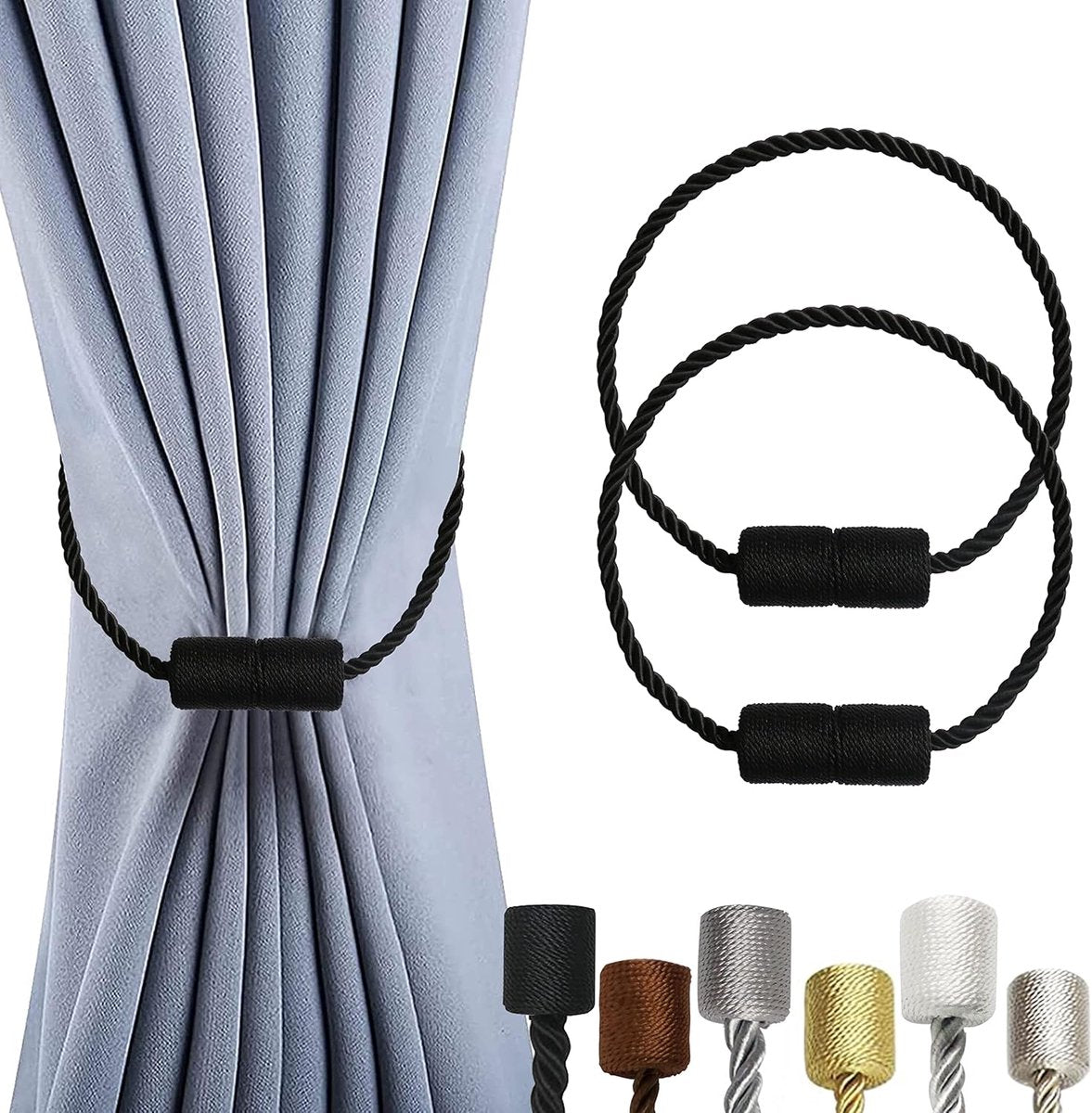 2 Pieces Magnetic Curtain Ties - Curtain Tieback Hook - Curtain Fasteners - Curtain Tieback - Magnetic Curtain Cord - Curtain Ties - Curtain Holders - Thickened Steel Cable - Black