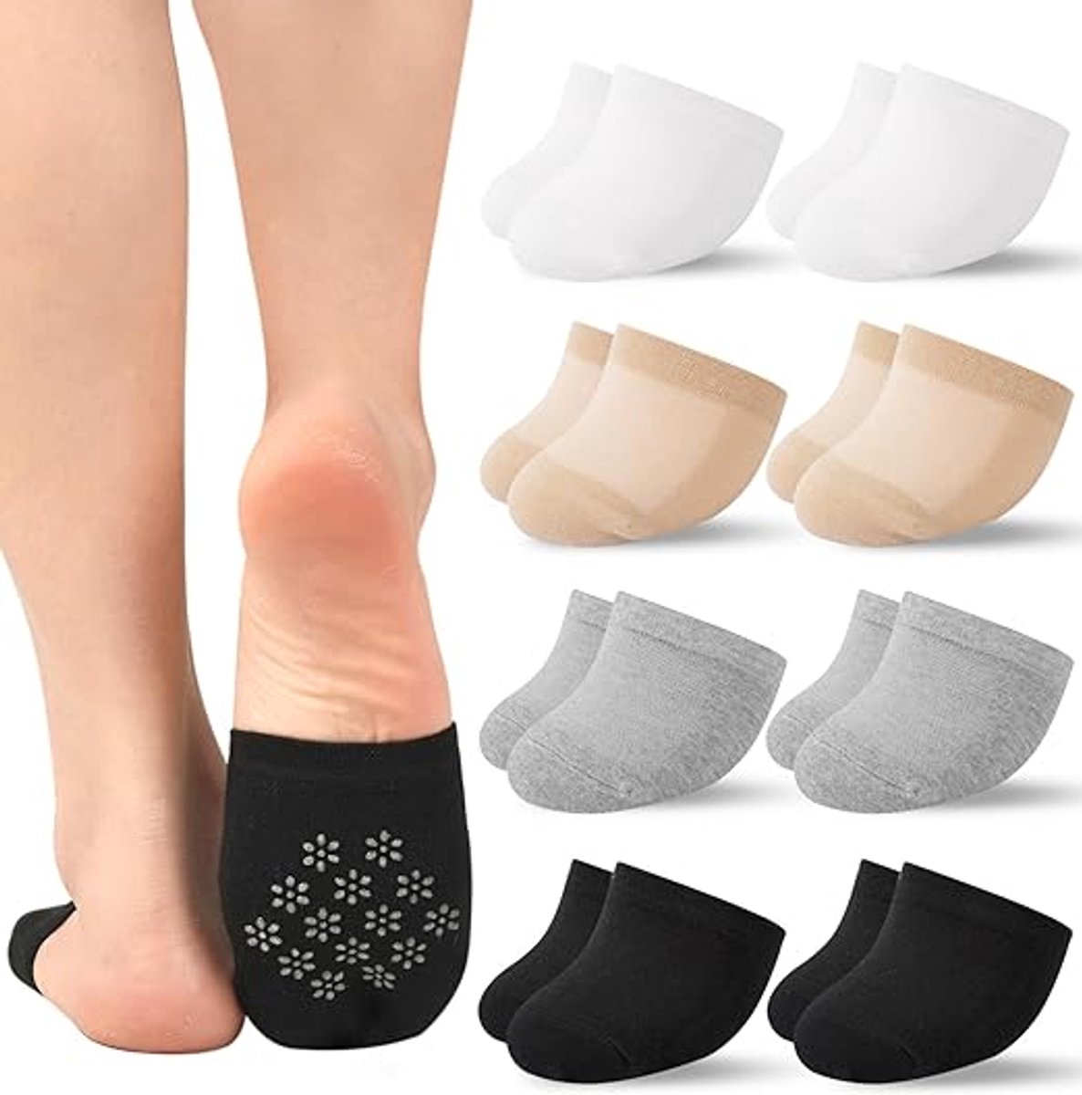 pairs - Half socks - Women's no-show anti-slip half socks - Cotton invisible lining toe protectors - toe protector socks - invisible socks - seamless five-toe socks - sock - for clogs - black, white, khaki, grey