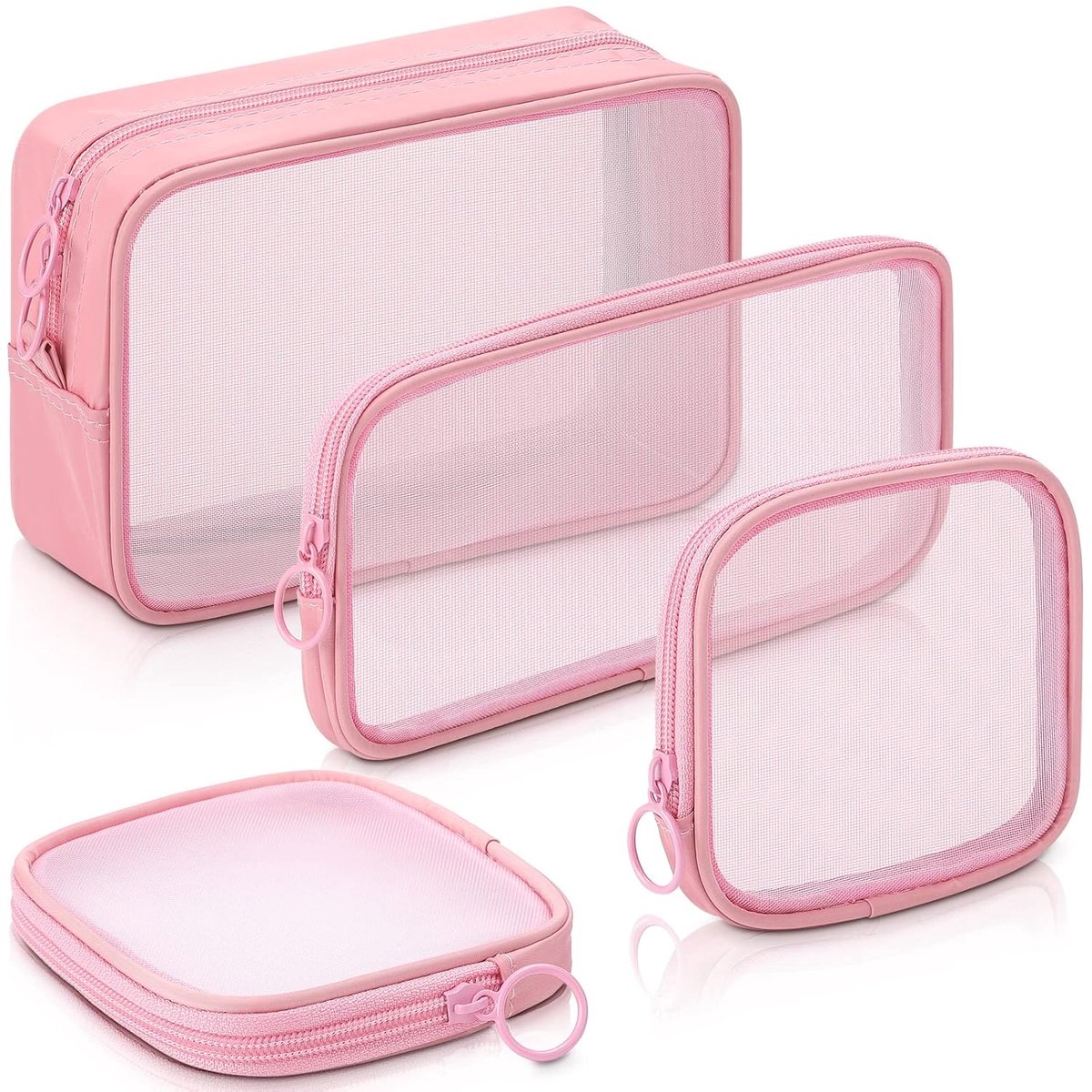 4 pieces - Cosmetic bag - Travel toiletry bag - Storage bag - mesh cosmetic bag - travel bag with zipper - mini makeup bag - for daily accessories - for travel and daily use - small, large, medium - pink