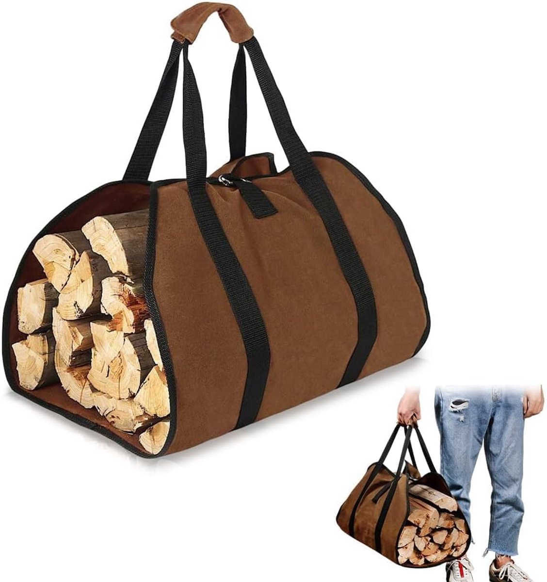 Firewood bag - Firewood sack - Firewood bag - Firewood carrying bag - Firewood carrying bag - Outdoor camping wood bag - large waterproof carrying bag - with non-slip handles - storage bag - firewood storage - for wood stoves and camping - 46*98 cm - brow