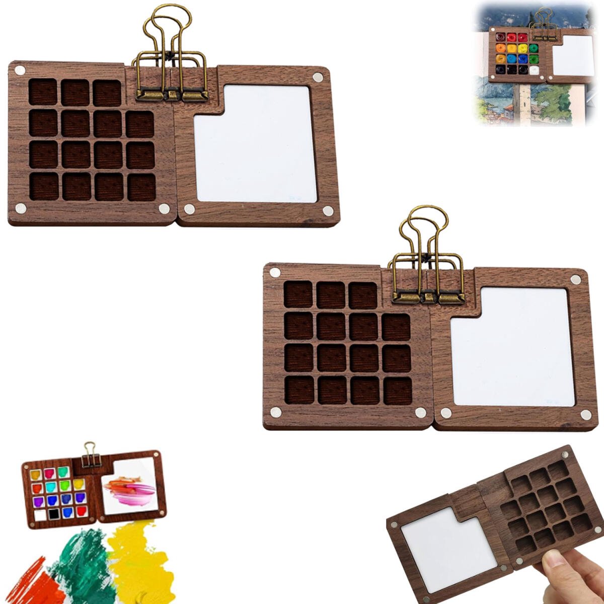 2 pieces - Portable watercolor palette - 15 grids - Sketchbook palette - travel paint palette - Paint box - walnut mini wooden paint palette - with clip - palette - painting tool - for schools, hobby painters - for watercolor, gouache and acrylic paint - 