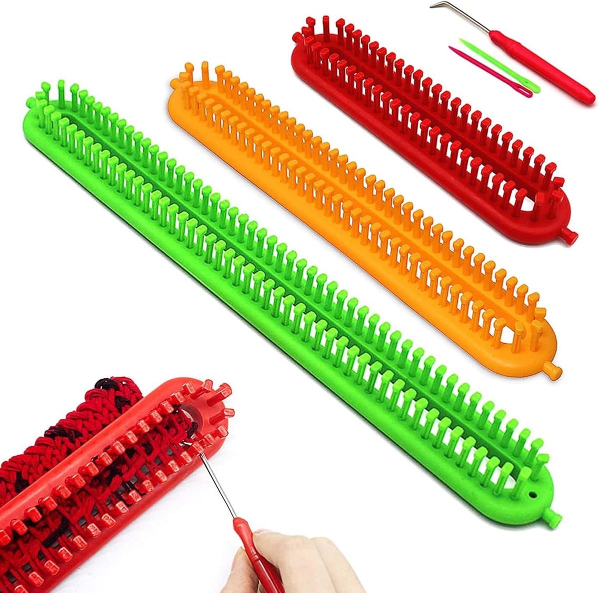 3 pieces - Scarf knitting tool - rectangular knitting loom - loom - colorful plastic looms - DIY yarn weaving sets - with crochet hook and needle - Suitable for knitting scarves, blankets, and shawls - 26, 36, 47 cm