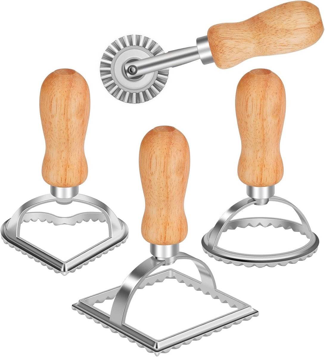 set of 4 ravioli cutters - dough wheel - dough cutter roller - ravioli cutter - ravioli makers - ravioli makers with wooden handle - for ravioli, pasta, dumplings, lasagna