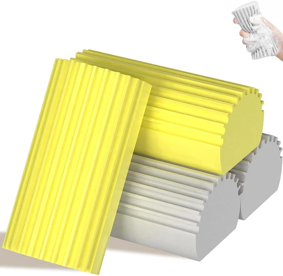 4 pieces - Cleaning sponge - Magic sponge - Duster sponge - Kitchen sponge - Cleaning brush - Cleaning tool - reusable - for cleaning curtains, glass, basements, mirrors and windows - grey, yellow