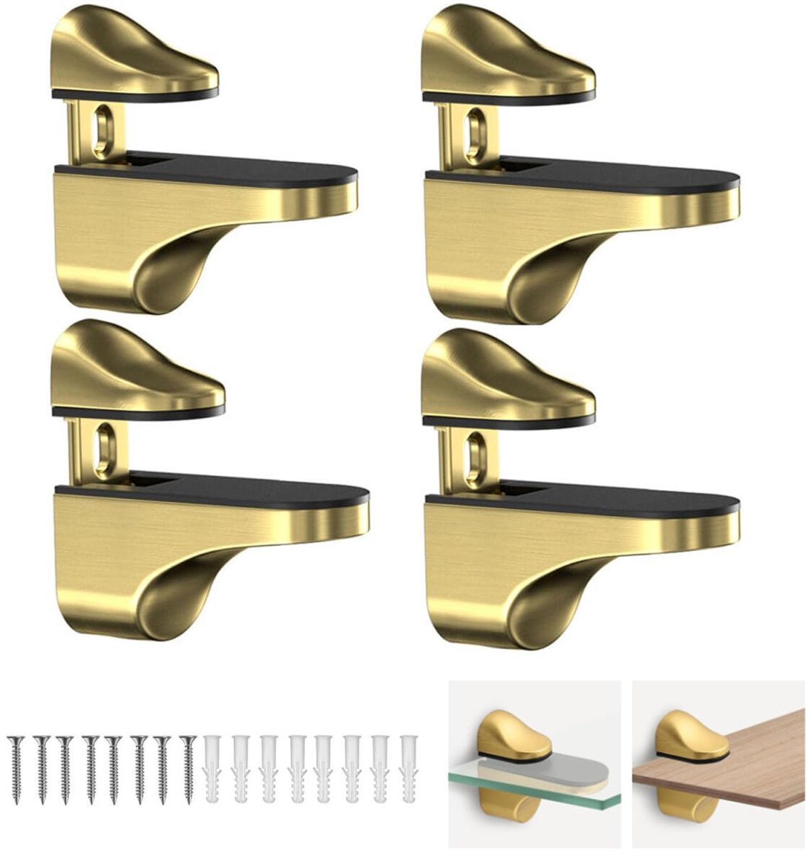 pieces - Glass clamp - Glass shelf brackets - adjustable - glass shelf bracket - fishmouth glass clip - wall mounting bracket - zinc alloy - furniture accessories - hardware accessories - with screws - for shelves of 3-20 mm thickness - 56*24*50 mm - gold