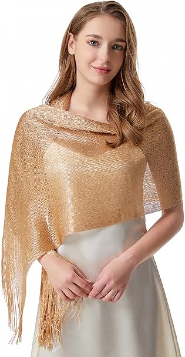 1 Shiny gold ladies' scarf - Ladies' scarf with tassels - Bridal scarf - Bridal scarf - Scarf - Tassel - For wedding ceremony, dinner and bridesmaids - Gold - 175 x 45 cm