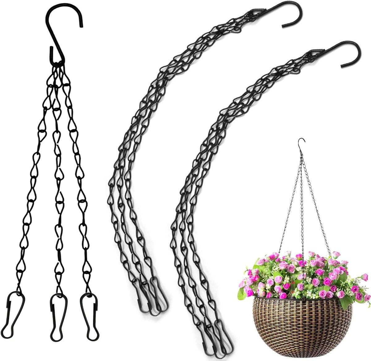 pieces - 16 inch - Plant hanger - Flowerpot hook - Lantern hook - Garden hook - Plant hook - hanging basket chains - with 3 chains - black chain with hooks - for hanging plants and flowerpots - 40 cm - black