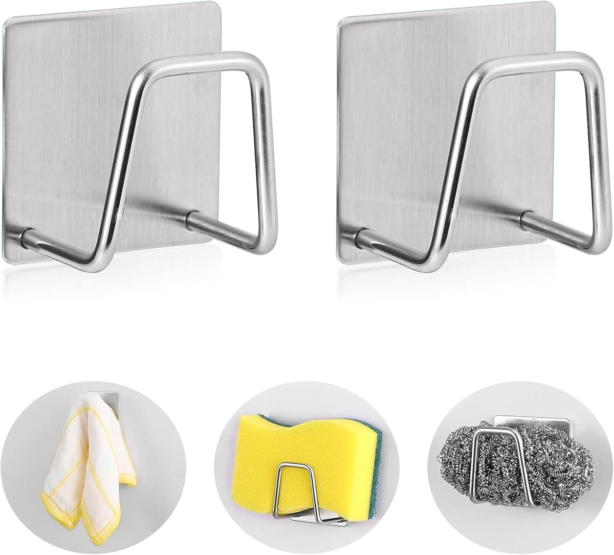 Sponge Holder - 2 Pieces - Self-Adhesive - Dishcloth Holder - Sink Sponge Holder - Sink Organizer - Sponge Holder - Wall Hook - Water Resistant - Sponge Holder for the Sink - for scrubbing cloths, dishcloths, exfoliants and strainer caps - Stainless Steel