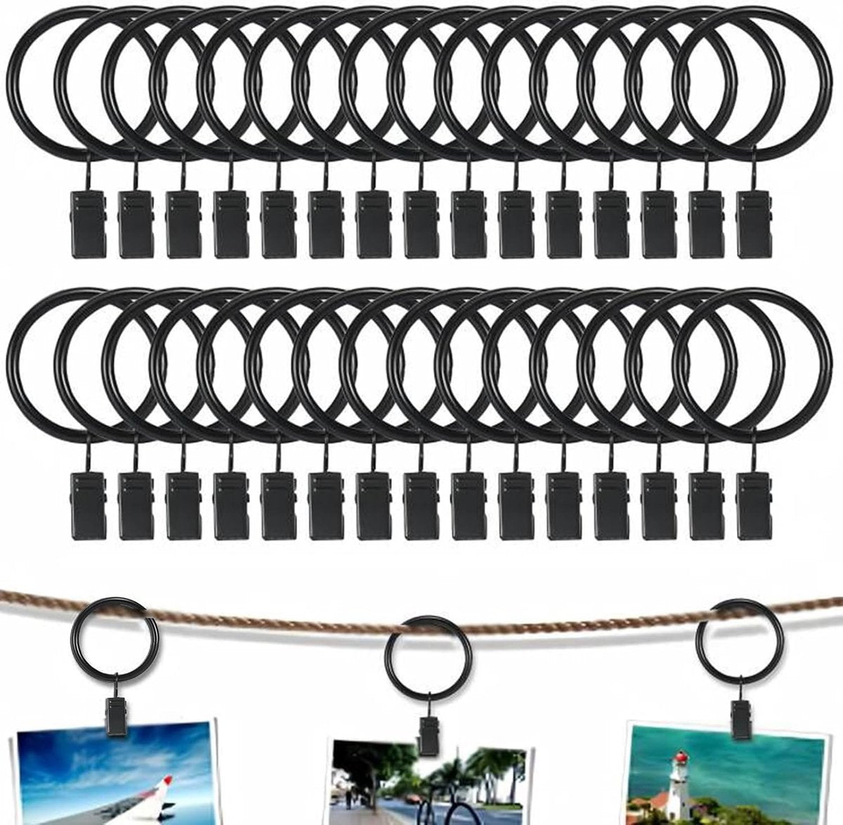 30 Pieces - Curtain Rings with Clips - Shower Curtain - Stainless Steel Curtain Rings - Metal Curtain Hooks - Curtain Rod Ring - for Shower and Window Curtains - Black