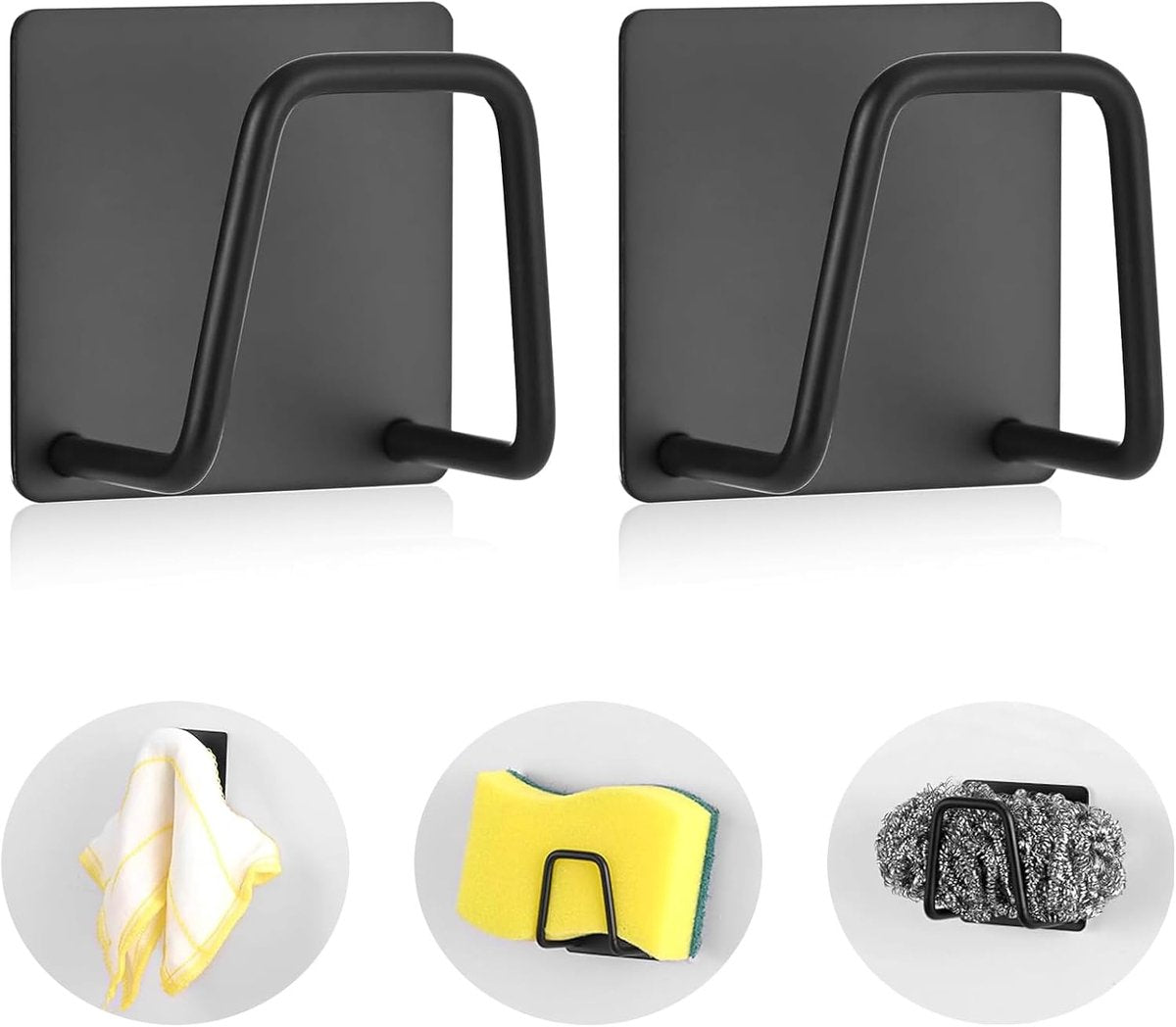 Sponge Holder - 2 Pieces - Self-Adhesive - Dishcloth Holder - Sink Sponge Holder - Sink Organizer - Sponge Holder - Wall Hook - Water Resistant - Sponge Holder for the Sink - for scrubbing cloths, dishcloths, exfoliants and strainer caps - Stainless Steel