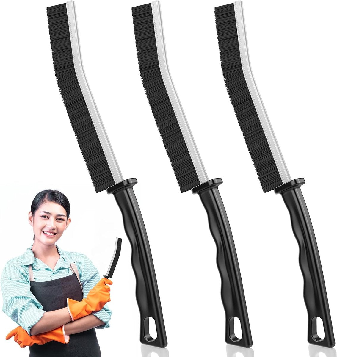 3 Pieces Crevice Brushes - Gap Brush - Narrow Cleaning Brush - Long Handle - Bathroom Cleaning Brush - Stiff Brush with Bristles - Long Handle - Gap Cleaner - For Window Openings, Bathroom, Toilet, Kitchen - Grout Brush