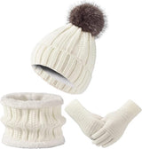 Hat with pompom, scarf and gloves - Three-piece Winter set - knitted fabrics - Warm Baggy Ski Hat - Winter Hat - Neck Warmer - Gloves - Touchscreen Gloves - for Outdoor play, skiing, motorcycling, windproof - for Men, Women - White