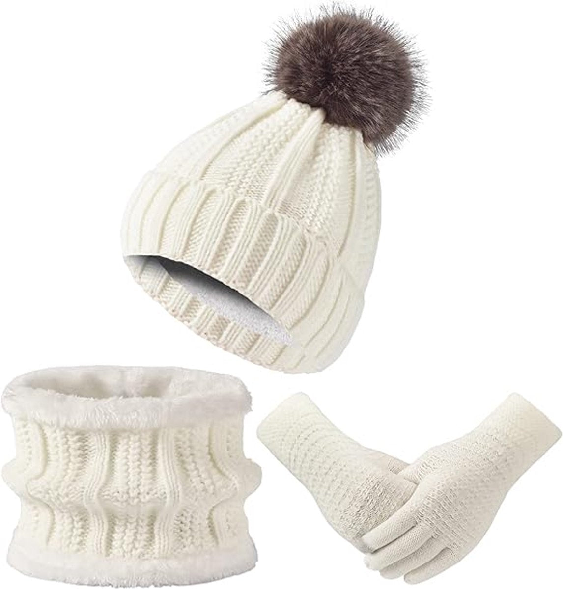 Hat with pompom, scarf and gloves - Three-piece Winter set - knitted fabrics - Warm Baggy Ski Hat - Winter Hat - Neck Warmer - Gloves - Touchscreen Gloves - for Outdoor play, skiing, motorcycling, windproof - for Men, Women - White