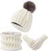 Hat with pompom, scarf and gloves - Three-piece Winter set - knitted fabrics - Warm Baggy Ski Hat - Winter Hat - Neck Warmer - Gloves - Touchscreen Gloves - for Outdoor play, skiing, motorcycling, windproof - for Men, Women - White