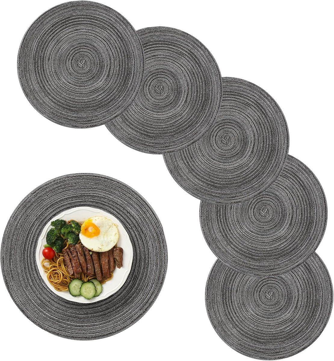 6 pieces - Table mats - Placemats - Round placemats - washable cotton placemats - round braided placemats - Round table mats - Woven placemats - Round placemats - grey - 38*38 cm