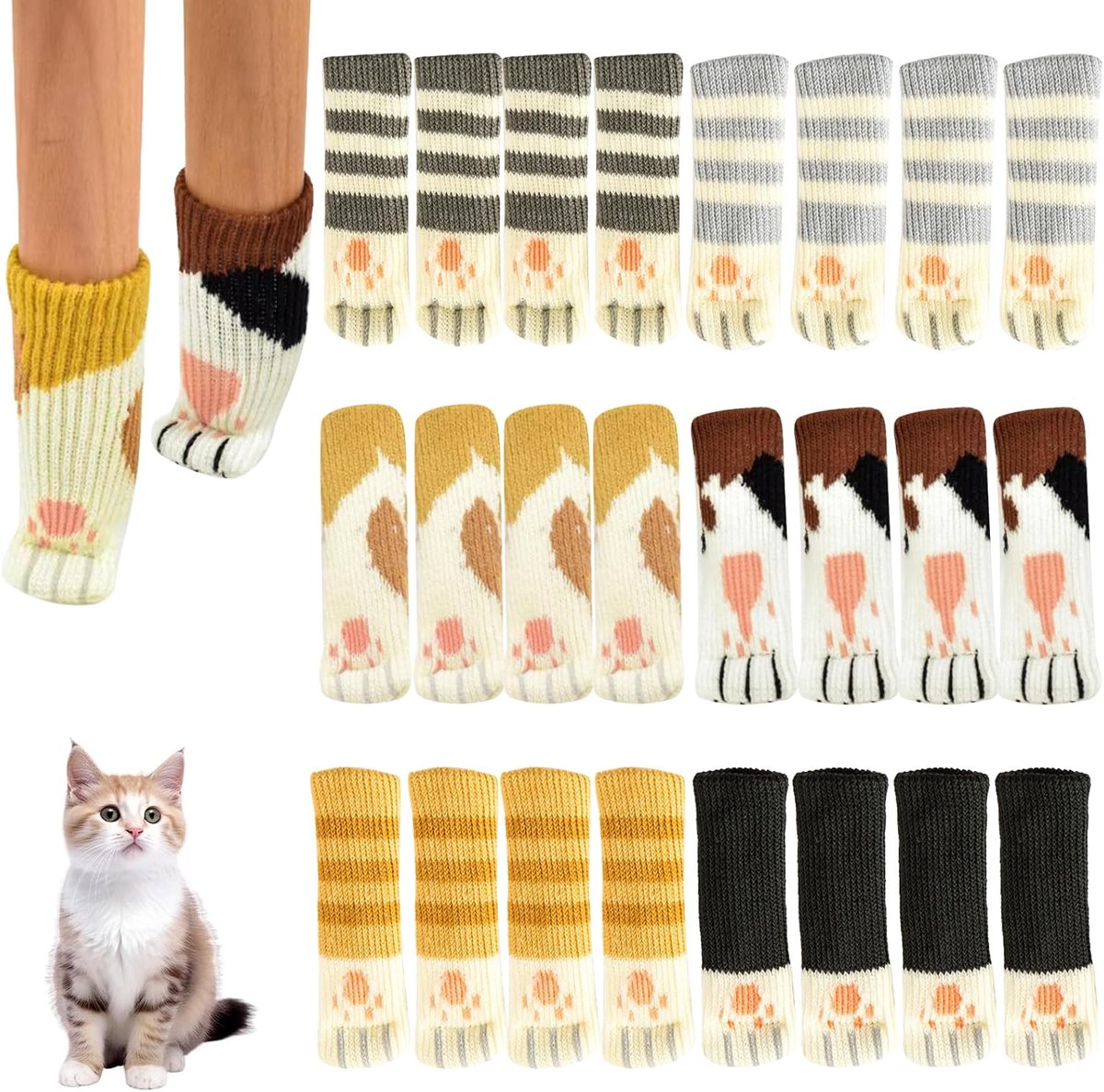 24 pieces - Furniture socks - Chair leg protectors - Floor protectors - Chair leg socks - Chair leg caps - cat paw chair socks - knitted non-slip chair leg floor protectors - sound-dampening furniture socks for hardwood floors - 6 sets