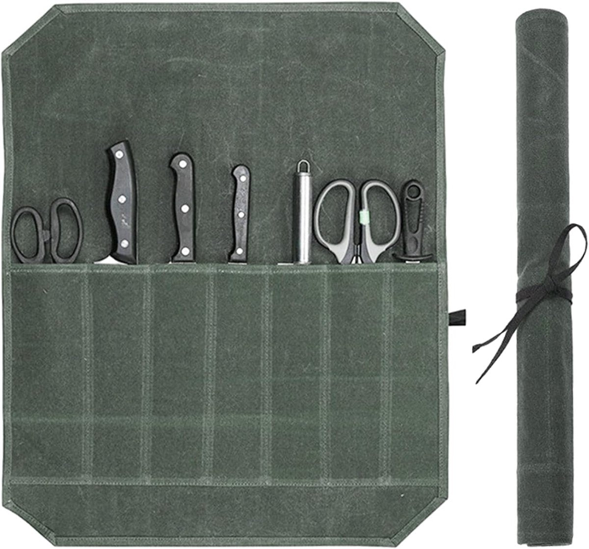 Chef Tools Protector - with 7 slots - Chef's knife roll bag - Knife bag - Waxed canvas knife bag - Cookware - knife case - knife holder - storage bag - cutlery tool roll bag - for camping - (Knives Not Included) - 45*56 cm - green