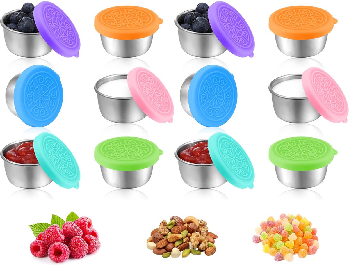 Mini Food Storage Containers - Stainless Steel Snack Box - Set of 12 Dressing Jars - Small Stainless Steel Sauce Container - Durable Snack Boxes - Freezer Containers - Dressing Container - Sauce Cups - 50ML Dressing Container With Silicone Lids - for Sala