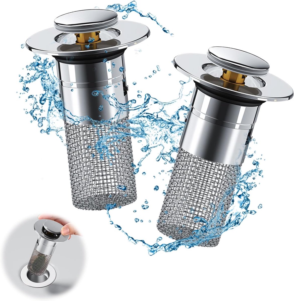 Pieces Drain 34-40mm - Drain Stopper - Improved Bathroom Washbasin Drain Plug with Hair Strain - Drain Set - With Anti-Clog Screen - Stopper - Removable Strainer Drain Plug - Drain Plug for Surface-Mounted Sinks - Bath Drain Stopper