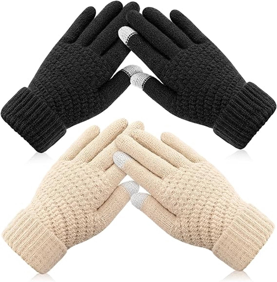 Winter Gloves - 2 Pairs Touchscreen Winter Gloves - Thermal Winter Gloves - Women's Winter Gloves - Mittens - Touch Tip Gloves for Cold Weather - Warm - Women's - One Size - Black and Beige