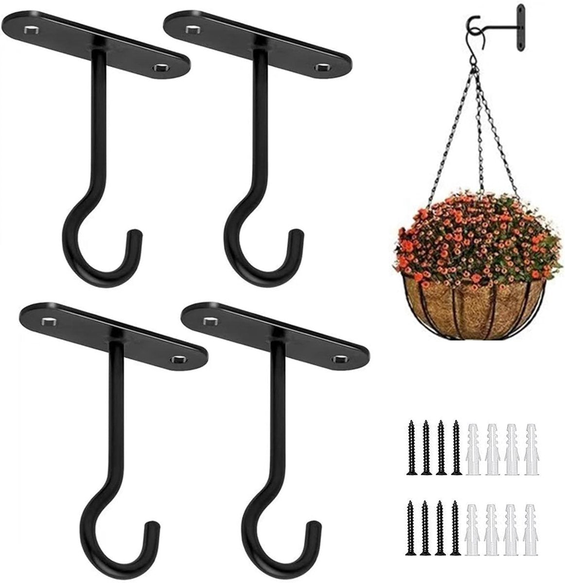pieces - 10*7 cm - Ceiling hooks - metal hanging basket brackets - wall hooks - metal wall hooks - wall-mounted flower hangers - hanging plant hangers - with screws - for planters, bird feeders and lanterns - black