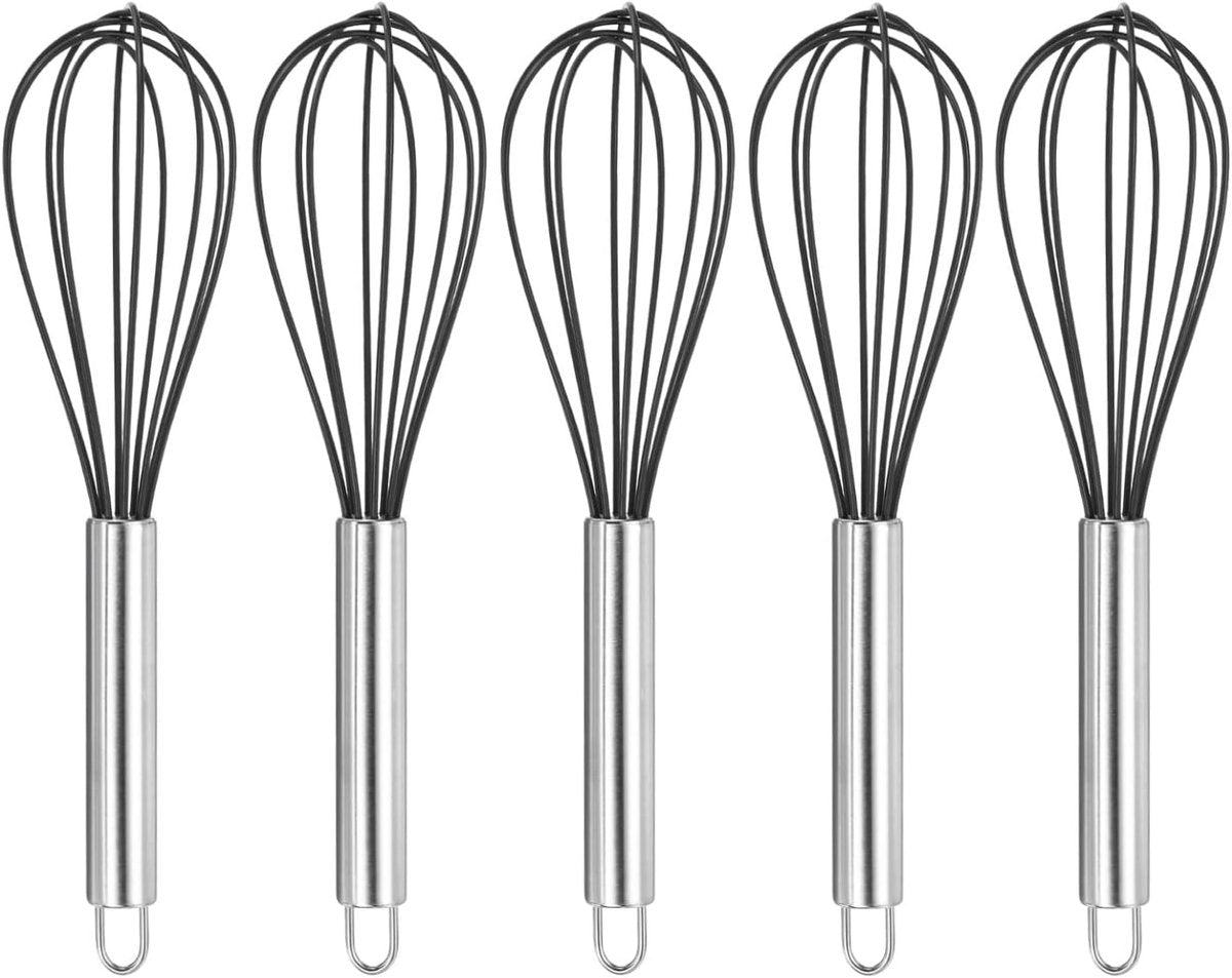 Set of 5 Egg Beaters - 10 Inch - Whisk - Beater Set - Kitchen Whisk - Hand Mixer - Silicone Egg Beater - Manual Egg Beater - Scratch-Free Beating - Non-Stick - for Beating Eggs, Blending, Whipping & Stirring - Black
